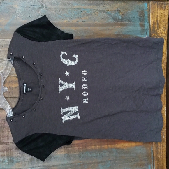 Express NYC Rodeo T-Shirt w/ Faux Leather Sleeves - Y2K - Grunge - Women's Small - Picture 1 of 5